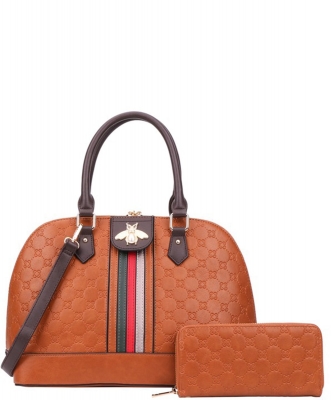 2in1 Bee Accent Quilted Satchel Handbag Wallet Set BE10-8370W BROWN